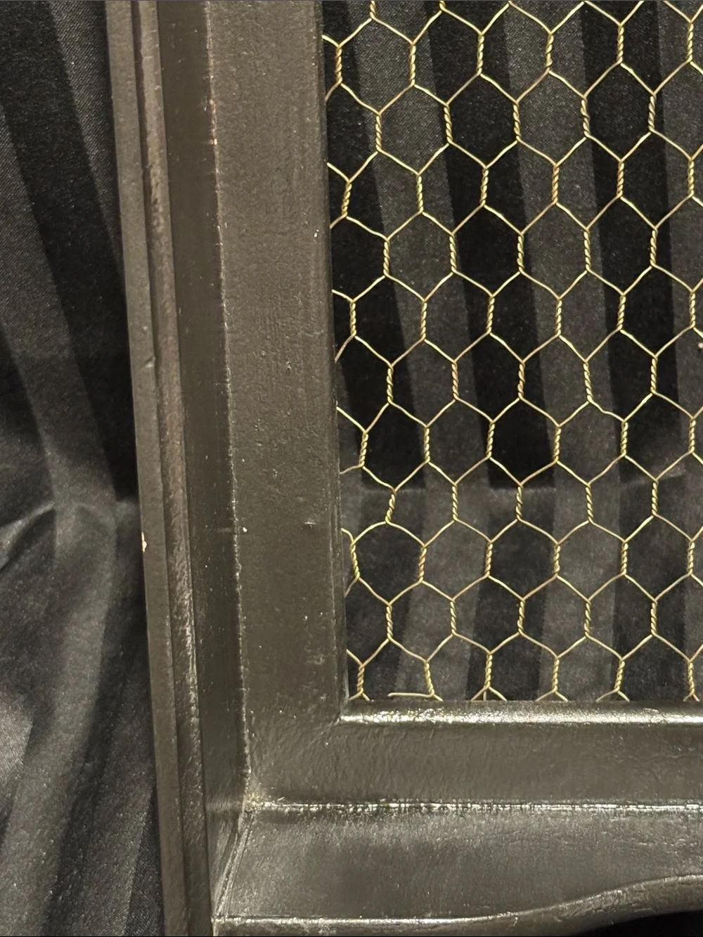 Rustic Black Wall Shelf with Chicken Wire and Hooks